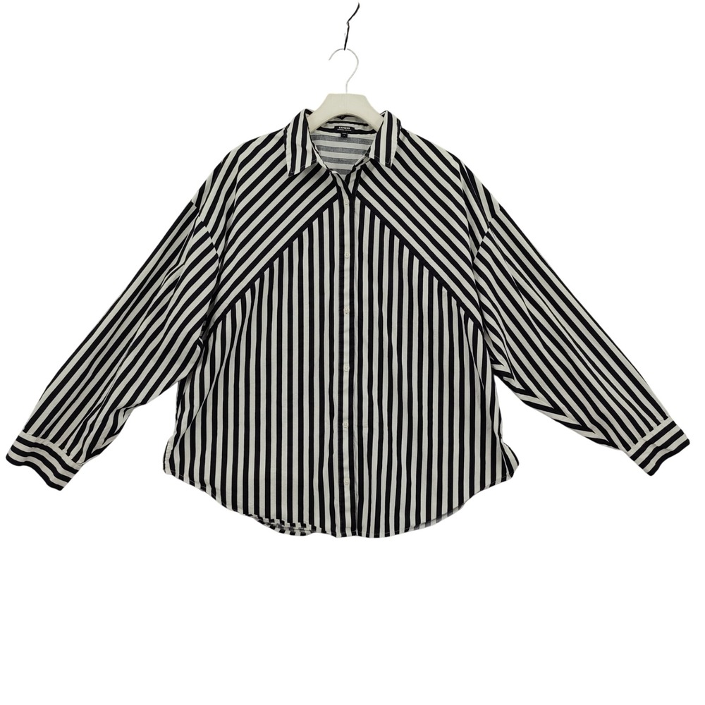 Express Womens Dark Academia Mod Boyfriend Portofino Shirt L Black White Stripe